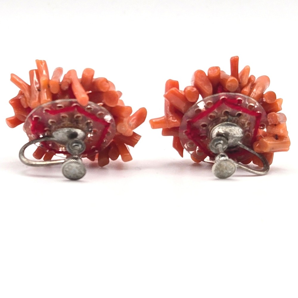 Vintage 50s Natural Red Coral Branch Cluster Sterling Silver Screw Back Earrings - Picture 3 of 7